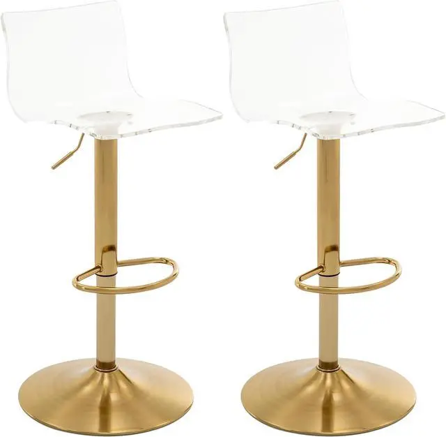 Main image of Brage Living Acrylic Bar Stools with Mid Back, Set of 2, Transparent Adjustable Swivel Airlift Barstools, Counter Height Bar Chairs for Kitchen Dining Pub Cafe (Clear, Gold Base)