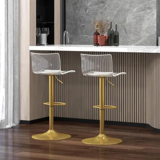Alt view image 2 of 7 - Brage Living Acrylic Bar Stools with Mid Back, Set of 2, Transparent Adjustable Swivel Airlift Barstools, Counter Height Bar Chairs for Kitchen Dining Pub Cafe (Clear, Gold Base)