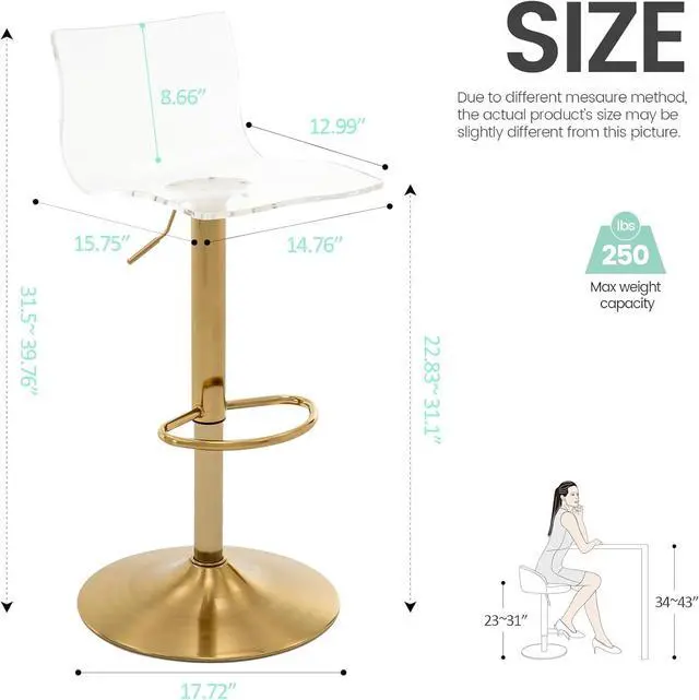 Alt view image 3 of 7 - Brage Living Acrylic Bar Stools with Mid Back, Set of 2, Transparent Adjustable Swivel Airlift Barstools, Counter Height Bar Chairs for Kitchen Dining Pub Cafe (Clear, Gold Base)