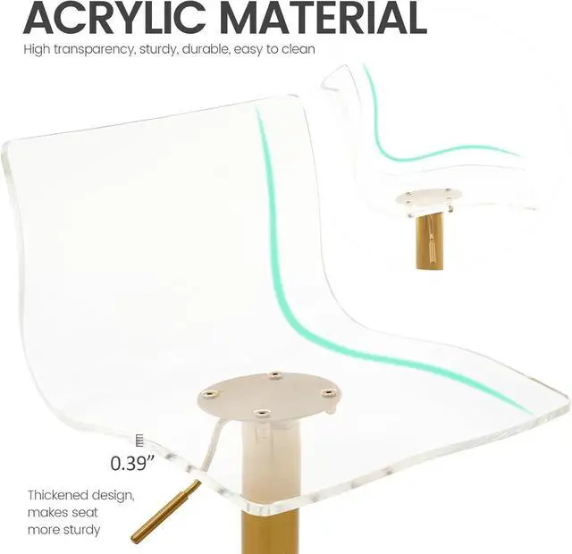 Alt view image 4 of 7 - Brage Living Acrylic Bar Stools with Mid Back, Set of 2, Transparent Adjustable Swivel Airlift Barstools, Counter Height Bar Chairs for Kitchen Dining Pub Cafe (Clear, Gold Base)