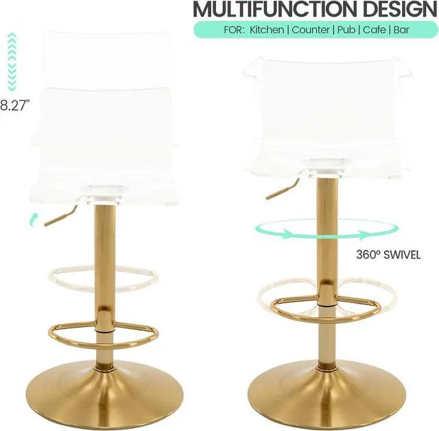 Alt view image 5 of 7 - Brage Living Acrylic Bar Stools with Mid Back, Set of 2, Transparent Adjustable Swivel Airlift Barstools, Counter Height Bar Chairs for Kitchen Dining Pub Cafe (Clear, Gold Base)