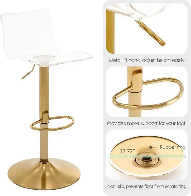 Alt view image 6 of 7 - Brage Living Acrylic Bar Stools with Mid Back, Set of 2, Transparent Adjustable Swivel Airlift Barstools, Counter Height Bar Chairs for Kitchen Dining Pub Cafe (Clear, Gold Base)