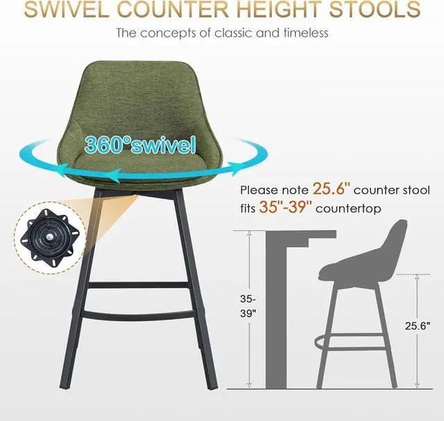 Alt view image 2 of 7 - Zesthouse Swivel Bar Stools Set of 4, Modern Counter Height Barstools with Backs, 26'' Upholstered Linen Fabric High Chairs for Island Kitchen, Counter Height Chairs with Metal Legs, Green