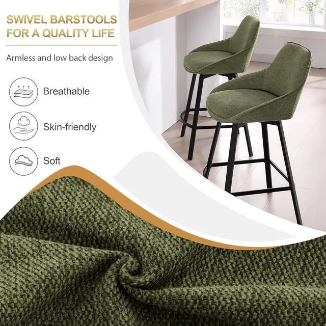 Alt view image 3 of 7 - Zesthouse Swivel Bar Stools Set of 4, Modern Counter Height Barstools with Backs, 26'' Upholstered Linen Fabric High Chairs for Island Kitchen, Counter Height Chairs with Metal Legs, Green