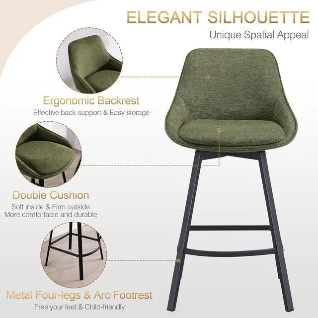 Alt view image 4 of 7 - Zesthouse Swivel Bar Stools Set of 4, Modern Counter Height Barstools with Backs, 26'' Upholstered Linen Fabric High Chairs for Island Kitchen, Counter Height Chairs with Metal Legs, Green