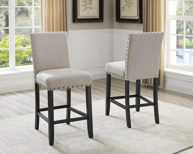 Main image of Biony Tan Fabric Counter Height Stools with Nailhead Trim, Set of 2