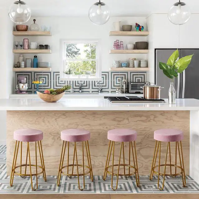 Alt view image 2 of 7 - Topeakmart 2pcs Home Barstools Upholstered Velvet Round Backless Seat with Gold Legs Kitchen Stool Modern Breakfast Dining Stools, Pink