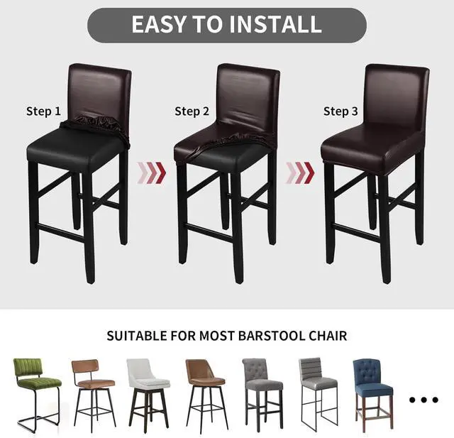 Alt view image 6 of 7 - Bar Stool Covers, Stretch Waterproof PU Bar Stool Slipcover Removable Washable Bar Stool Chair Covers, High Chair Cover with Elastic Bands (4 Pack, Coffee)