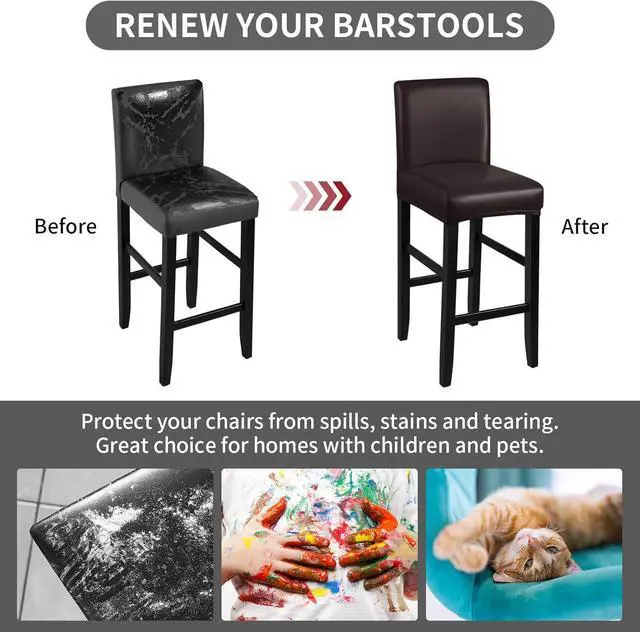 Alt view image 5 of 7 - Bar Stool Covers, Stretch Waterproof PU Bar Stool Slipcover Removable Washable Bar Stool Chair Covers, High Chair Cover with Elastic Bands (4 Pack, Coffee)