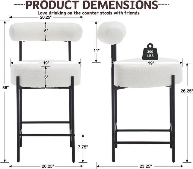 Alt view image 2 of 7 - Modern Sherpa Bar Stools Set of 2 White Boucle Bar Stools with Back Upholstered Barstools 26'' Counter Stools with Black Metal Legs for Kitchen Island/Kitchen Counter/Bistro