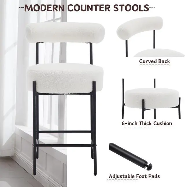 Alt view image 4 of 7 - Modern Sherpa Bar Stools Set of 2 White Boucle Bar Stools with Back Upholstered Barstools 26'' Counter Stools with Black Metal Legs for Kitchen Island/Kitchen Counter/Bistro