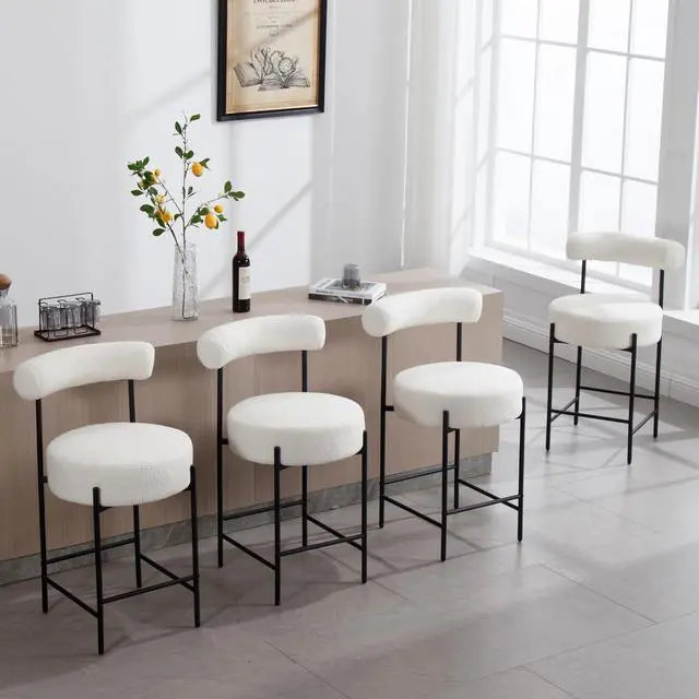 Alt view image 3 of 7 - Modern Sherpa Bar Stools Set of 2 White Boucle Bar Stools with Back Upholstered Barstools 26'' Counter Stools with Black Metal Legs for Kitchen Island/Kitchen Counter/Bistro