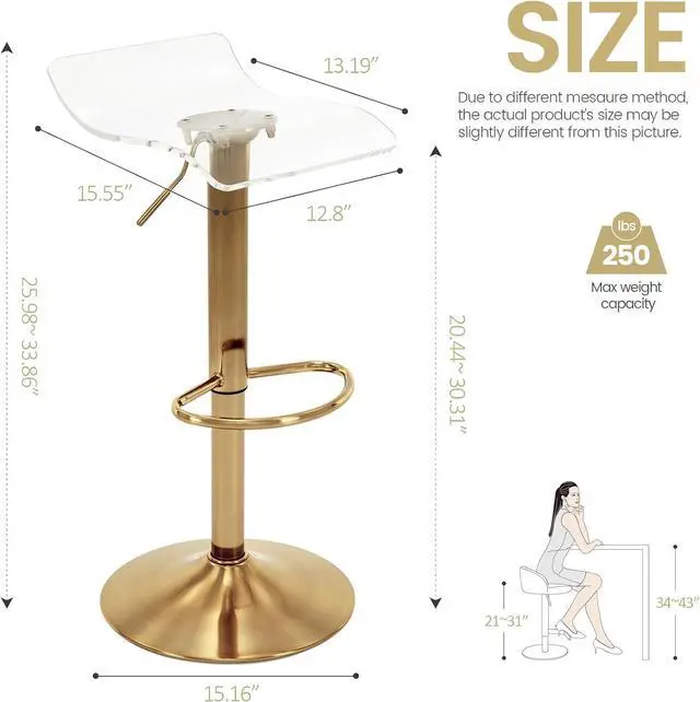 Alt view image 3 of 7 - Brage Living Acrylic Bar Stools Set of 2, Backless Transparent Swivel Adjustable Airlift Barstools, Counter Height Bar Chairs for Kitchen Dining Room Pub Cafe (Clear, Gold Base)