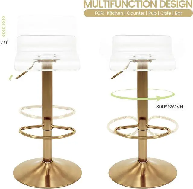 Alt view image 5 of 7 - Brage Living Acrylic Bar Stools Set of 2, Backless Transparent Swivel Adjustable Airlift Barstools, Counter Height Bar Chairs for Kitchen Dining Room Pub Cafe (Clear, Gold Base)
