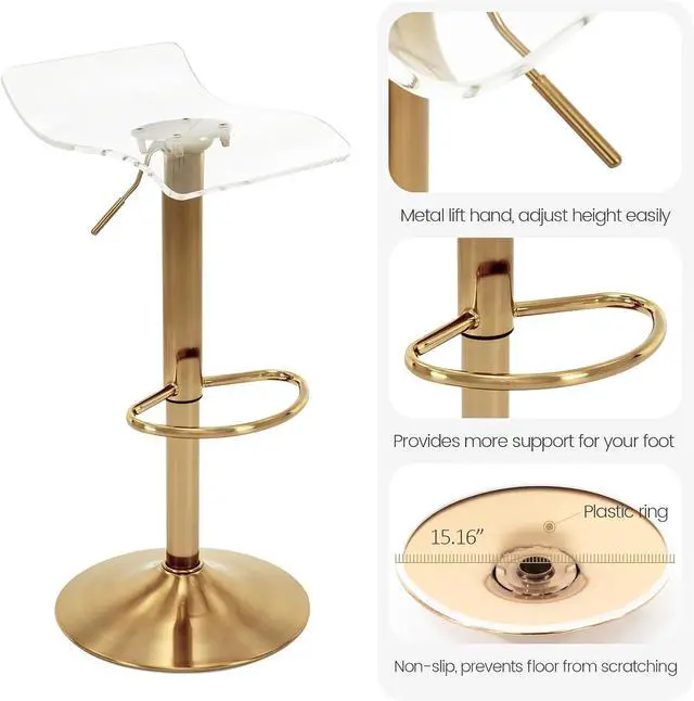Alt view image 6 of 7 - Brage Living Acrylic Bar Stools Set of 2, Backless Transparent Swivel Adjustable Airlift Barstools, Counter Height Bar Chairs for Kitchen Dining Room Pub Cafe (Clear, Gold Base)