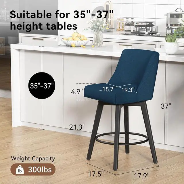 Alt view image 3 of 6 - Counter Height Swivel Bar Stools, 26 Inch Bar Stools with Footrest, Linen Fabric Upholstered Barstools with Back and Solid Wood Legs for Kitchen Island, Dining Room,Pub,Deep Blue