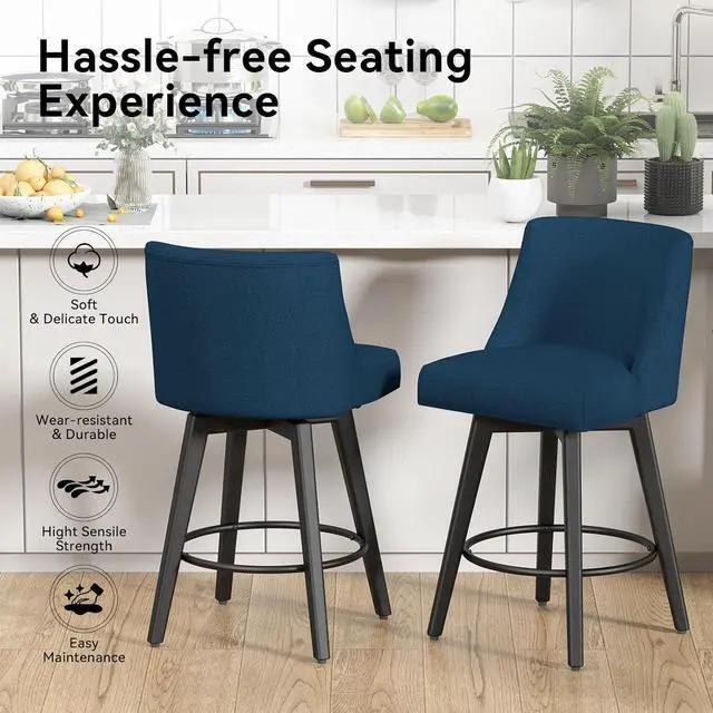 Alt view image 4 of 6 - Counter Height Swivel Bar Stools, 26 Inch Bar Stools with Footrest, Linen Fabric Upholstered Barstools with Back and Solid Wood Legs for Kitchen Island, Dining Room,Pub,Deep Blue