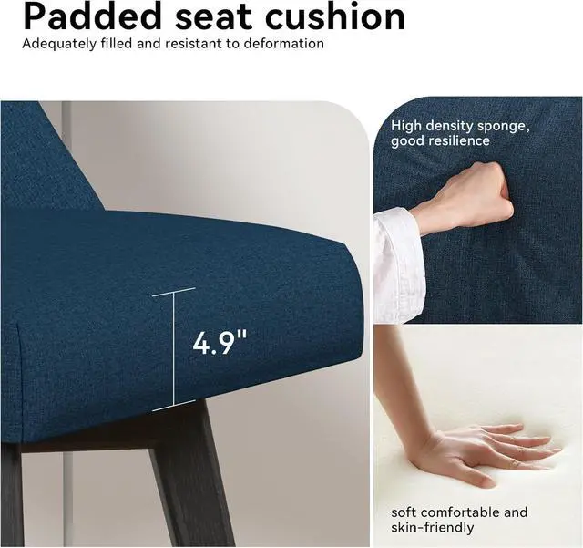 Alt view image 5 of 6 - Counter Height Swivel Bar Stools, 26 Inch Bar Stools with Footrest, Linen Fabric Upholstered Barstools with Back and Solid Wood Legs for Kitchen Island, Dining Room,Pub,Deep Blue