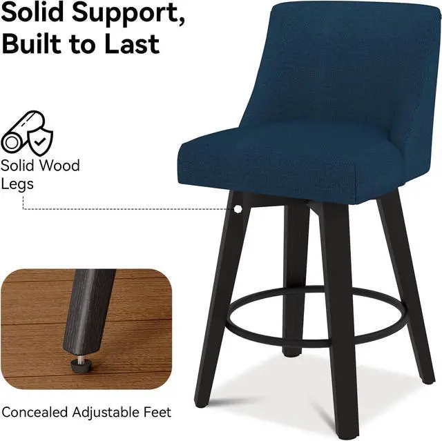 Alt view image 6 of 6 - Counter Height Swivel Bar Stools, 26 Inch Bar Stools with Footrest, Linen Fabric Upholstered Barstools with Back and Solid Wood Legs for Kitchen Island, Dining Room,Pub,Deep Blue