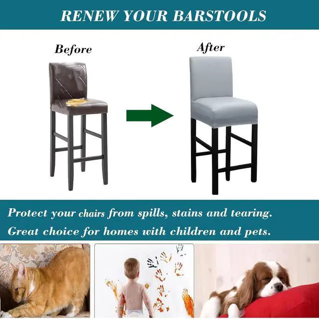 Alt view image 5 of 6 - HFCNMY Bar Stool Covers,2 Pack Stretch Waterproof PU Bar Stool Covers with Backs Bar Stool Chair Covers Barstool Covers Slipcovers with Back Pub Counter Stool Chair Cover Light Gray
