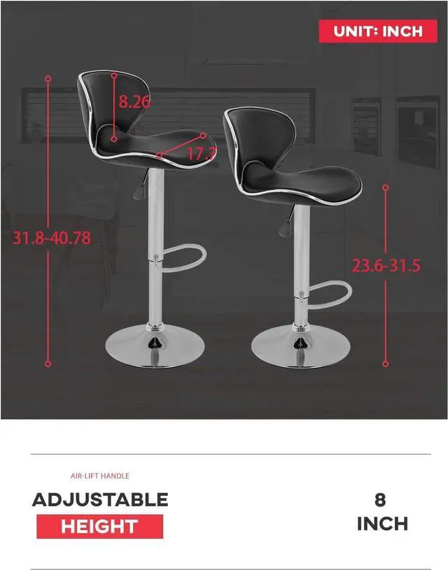 Alt view image 3 of 6 - BestOffice Set of 2 Bar Stools PU Leather Modern Hydraulic Swivel Dinning Chair, Black