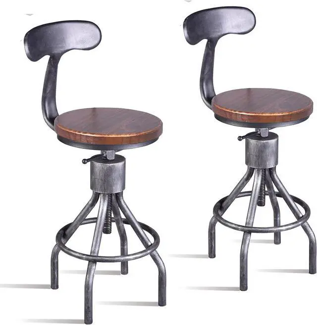 Main image of Diwhy Industrial Vintage Bar Stool,Kitchen Counter Height Adjustable Pipe Stool,Cast Iron Stool,Swivel Bar Stool with Backrest,Metal Stool,Silver,Fully Welded Set of 2 Brown Wood Seat