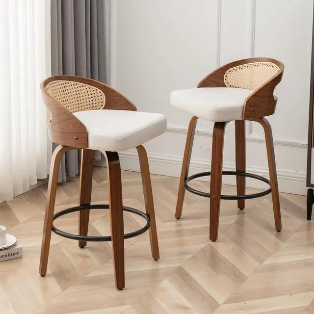 Main image of 30" Swivel Rattan Bar Stools Set of 2,Mid-Century Modern Beige Linen Fabric Upholstered Bar Height Stools,Kitchen Island Barstools with Rattan Low Backrest,Walnut Wood Finish Bar Chairs