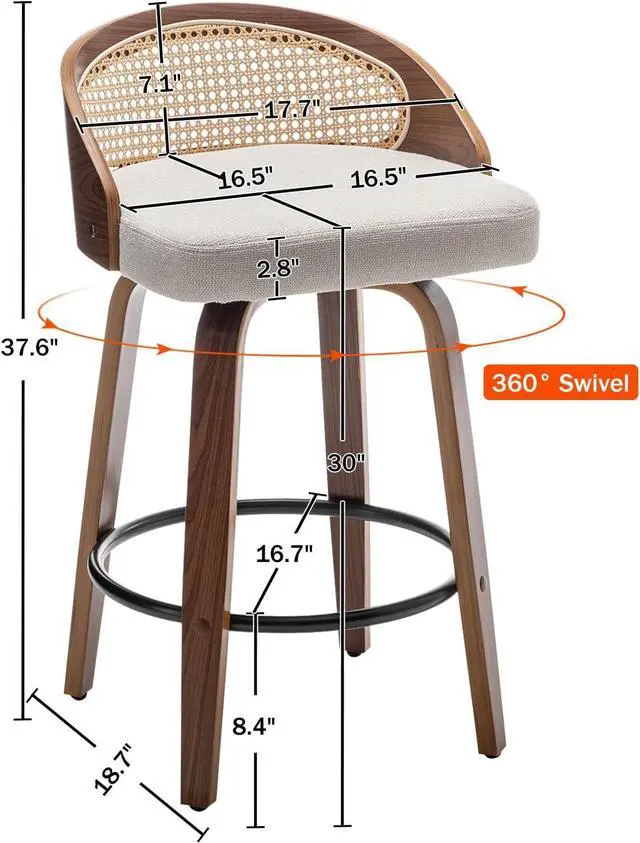 Alt view image 2 of 7 - 30" Swivel Rattan Bar Stools Set of 2,Mid-Century Modern Beige Linen Fabric Upholstered Bar Height Stools,Kitchen Island Barstools with Rattan Low Backrest,Walnut Wood Finish Bar Chairs