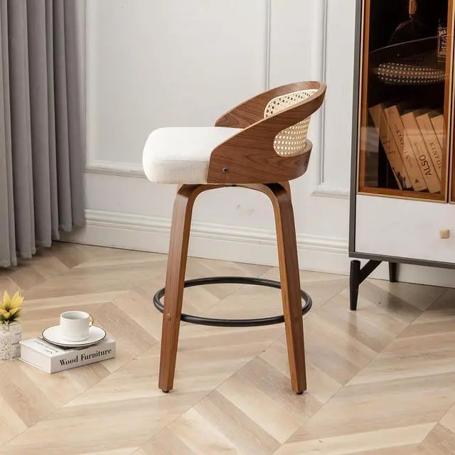 Alt view image 3 of 7 - 30" Swivel Rattan Bar Stools Set of 2,Mid-Century Modern Beige Linen Fabric Upholstered Bar Height Stools,Kitchen Island Barstools with Rattan Low Backrest,Walnut Wood Finish Bar Chairs