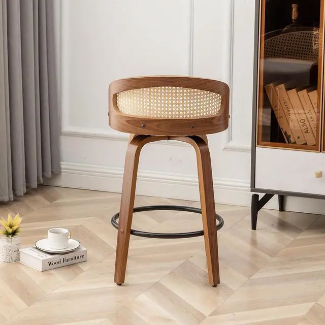 Alt view image 4 of 7 - 30" Swivel Rattan Bar Stools Set of 2,Mid-Century Modern Beige Linen Fabric Upholstered Bar Height Stools,Kitchen Island Barstools with Rattan Low Backrest,Walnut Wood Finish Bar Chairs