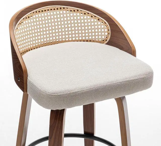 Alt view image 5 of 7 - 30" Swivel Rattan Bar Stools Set of 2,Mid-Century Modern Beige Linen Fabric Upholstered Bar Height Stools,Kitchen Island Barstools with Rattan Low Backrest,Walnut Wood Finish Bar Chairs