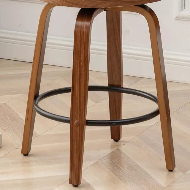 Alt view image 6 of 7 - 30" Swivel Rattan Bar Stools Set of 2,Mid-Century Modern Beige Linen Fabric Upholstered Bar Height Stools,Kitchen Island Barstools with Rattan Low Backrest,Walnut Wood Finish Bar Chairs