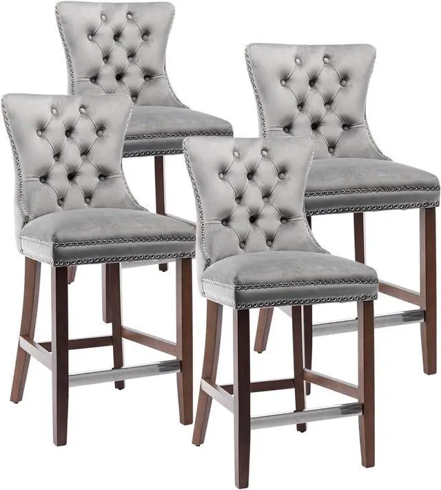 Main image of Virabit Counter Height Bar Stools Set of 4, 27" Farmhouse Barstools with Button Back and Nailhead Trim, Velvet Bar Stools with Kitchen Island, Pub (Grey)
