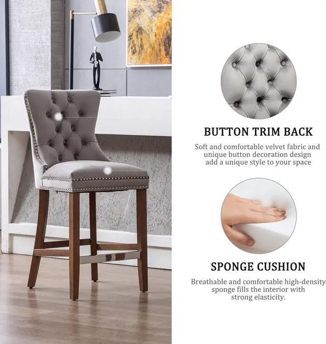 Alt view image 3 of 7 - Virabit Counter Height Bar Stools Set of 4, 27" Farmhouse Barstools with Button Back and Nailhead Trim, Velvet Bar Stools with Kitchen Island, Pub (Grey)