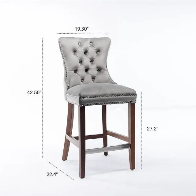 Alt view image 2 of 7 - Virabit Counter Height Bar Stools Set of 4, 27" Farmhouse Barstools with Button Back and Nailhead Trim, Velvet Bar Stools with Kitchen Island, Pub (Grey)