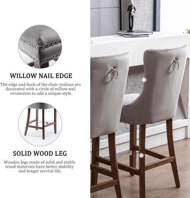 Alt view image 4 of 7 - Virabit Counter Height Bar Stools Set of 4, 27" Farmhouse Barstools with Button Back and Nailhead Trim, Velvet Bar Stools with Kitchen Island, Pub (Grey)