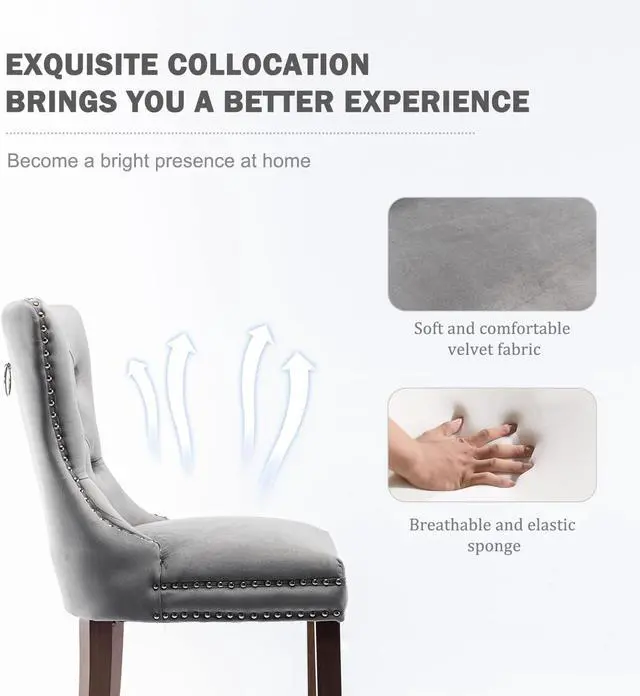 Alt view image 6 of 7 - Virabit Counter Height Bar Stools Set of 4, 27" Farmhouse Barstools with Button Back and Nailhead Trim, Velvet Bar Stools with Kitchen Island, Pub (Grey)