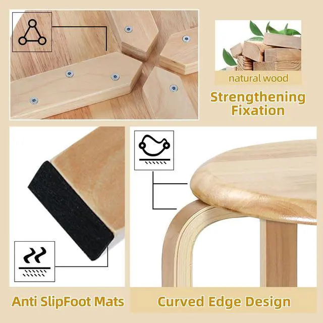 Alt view image 5 of 6 - Yawinhe Wooden Stackable Stool, Portable Barstools with Round Top, Anti Slip Felt Pad, for Dinning, Living Room, Class Room, 11.8''Lx11.8''Wx16.5''H, Natural, 2-Pack