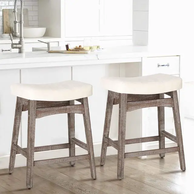 Main image of MAISON ARTS Counter Height Bar Stools Set of 2 for Kitchen Counter Solid Wood Legs with Fabric Saddle Seat Farmhouse Barstools for 34"-38" Counter Island Upholstered Stools, 24in, Creamy White