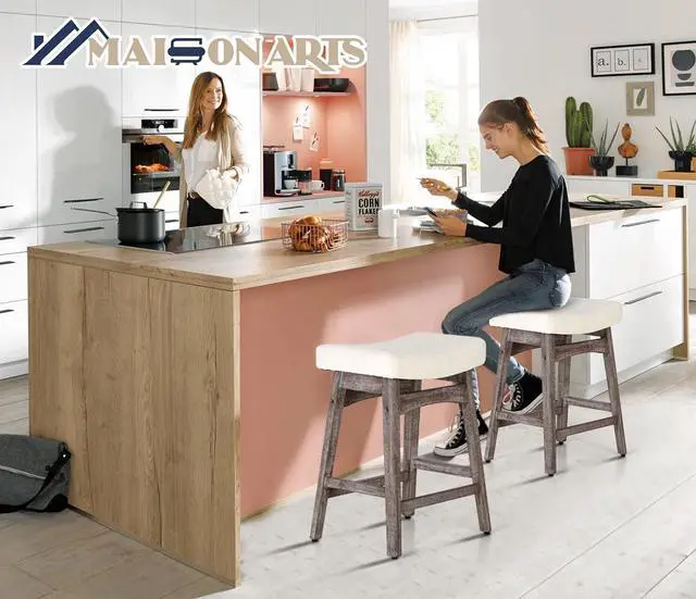 Alt view image 3 of 7 - MAISON ARTS Counter Height Bar Stools Set of 2 for Kitchen Counter Solid Wood Legs with Fabric Saddle Seat Farmhouse Barstools for 34"-38" Counter Island Upholstered Stools, 24in, Creamy White