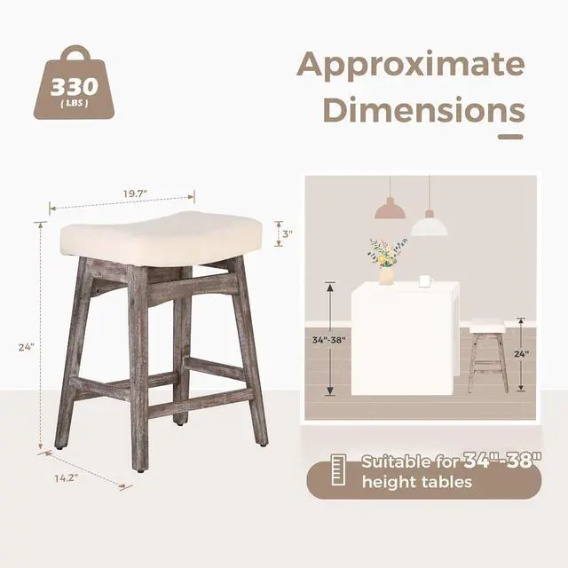 Alt view image 2 of 7 - MAISON ARTS Counter Height Bar Stools Set of 2 for Kitchen Counter Solid Wood Legs with Fabric Saddle Seat Farmhouse Barstools for 34"-38" Counter Island Upholstered Stools, 24in, Creamy White