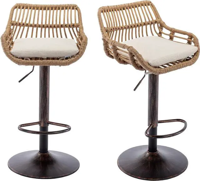 Main image of Kakotito Rattan Bar Stools, Adjustable Barstools with Linen Cushion, 360° Swivel Bar Stool with Low Back & Footrest, Classical Barstool Set of 2 for Kitchen and Bar (Brown)