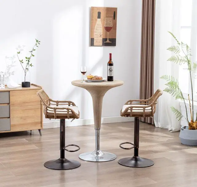 Alt view image 5 of 7 - Kakotito Rattan Bar Stools, Adjustable Barstools with Linen Cushion, 360° Swivel Bar Stool with Low Back & Footrest, Classical Barstool Set of 2 for Kitchen and Bar (Brown)