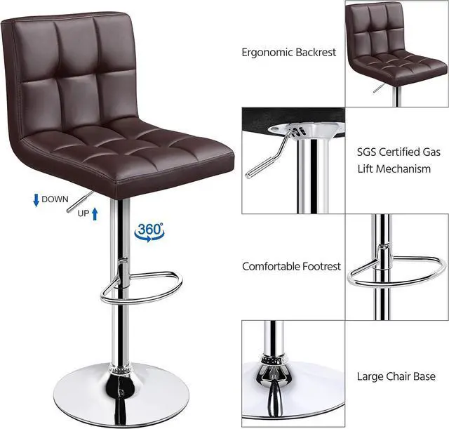 Alt view image 5 of 7 - Topeakmart Bar Stools Set of 4, Modern Height Adjustable Bar Chairs of PU Leather, Swivel Bar Stools with Backrest and Footrest for Bar, Kitchen, Living Room and Restaurant, Brown