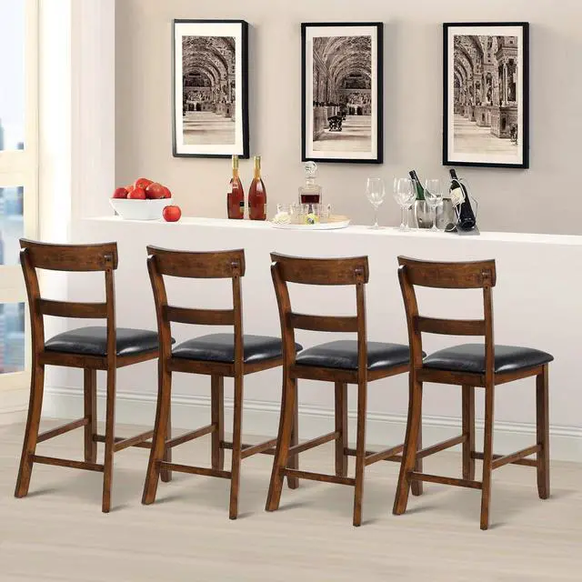 Alt view image 4 of 7 - COSTWAY Barstools Set of 4, 25.5-Inch Counter Height Chair with Backrest, Foam-Padded Cushion, Rubber Wood Legs, Wooden Vintage Dining Chair for Bistro, Living Room, Kitchen, Brown and Black