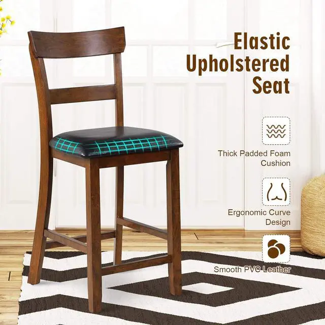 Alt view image 6 of 7 - COSTWAY Barstools Set of 4, 25.5-Inch Counter Height Chair with Backrest, Foam-Padded Cushion, Rubber Wood Legs, Wooden Vintage Dining Chair for Bistro, Living Room, Kitchen, Brown and Black