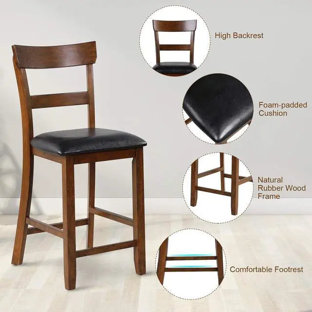 Alt view image 7 of 7 - COSTWAY Barstools Set of 4, 25.5-Inch Counter Height Chair with Backrest, Foam-Padded Cushion, Rubber Wood Legs, Wooden Vintage Dining Chair for Bistro, Living Room, Kitchen, Brown and Black
