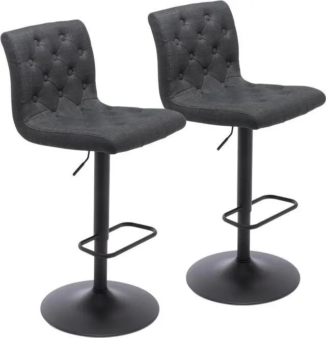 Main image of Brage Living Tufted Fabric Bar Stools Set of 2, Adjustable Swivel Counter Height Barstools with Back, Upholstered Armless Airlift Bar Chairs for Kitchen Dining Cafe (Charcoal Black, Black Base)