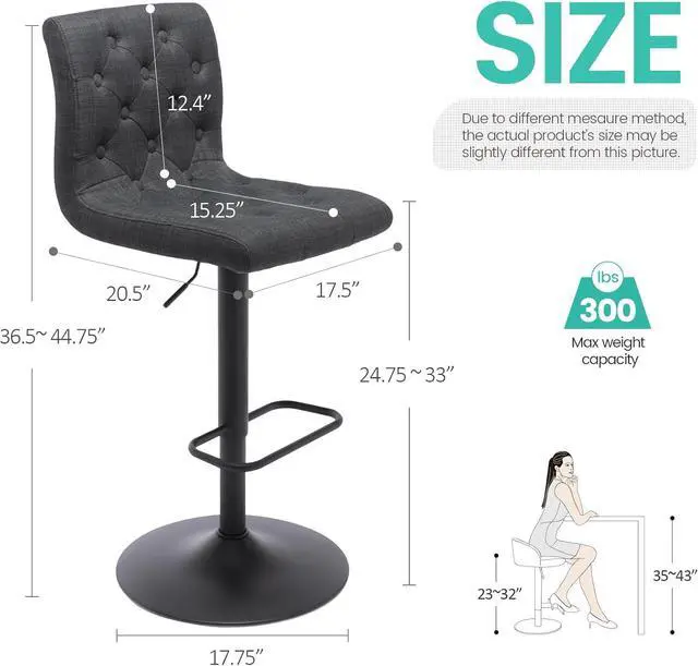 Alt view image 3 of 7 - Brage Living Tufted Fabric Bar Stools Set of 2, Adjustable Swivel Counter Height Barstools with Back, Upholstered Armless Airlift Bar Chairs for Kitchen Dining Cafe (Charcoal Black, Black Base)