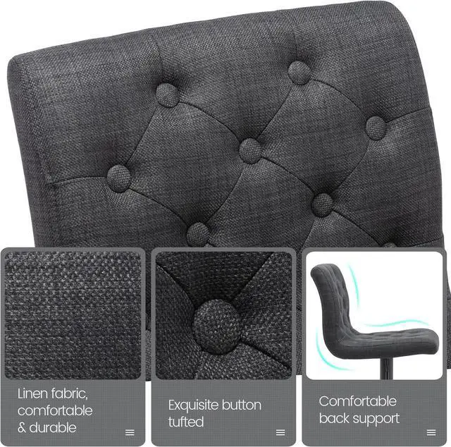 Alt view image 4 of 7 - Brage Living Tufted Fabric Bar Stools Set of 2, Adjustable Swivel Counter Height Barstools with Back, Upholstered Armless Airlift Bar Chairs for Kitchen Dining Cafe (Charcoal Black, Black Base)
